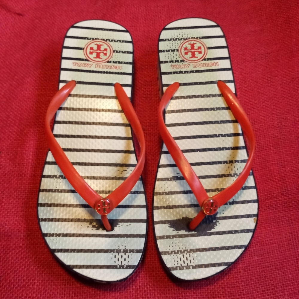 Tory Burch Women's 8 M Wedge Flip Flops Orange Black Rubber
